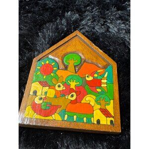 Vintage Hand-Painted Wooden Wall Art With Colorful Animal & Tree Design
